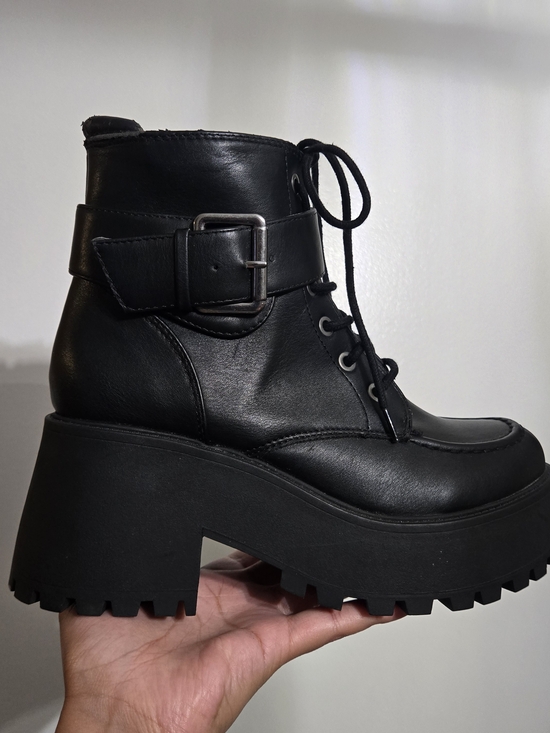 Soda Shoes - Soda Black Chunky Lug Lace-Up Ankle Boots with Buckle